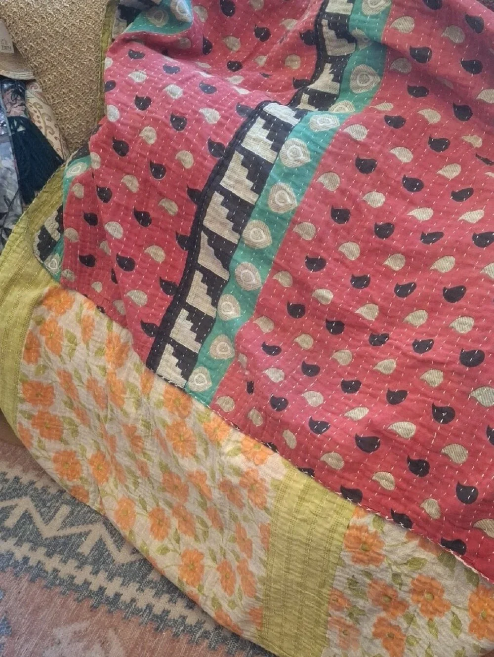 Kantha Floral Patchwork Quilted Bottoms - Multicolor